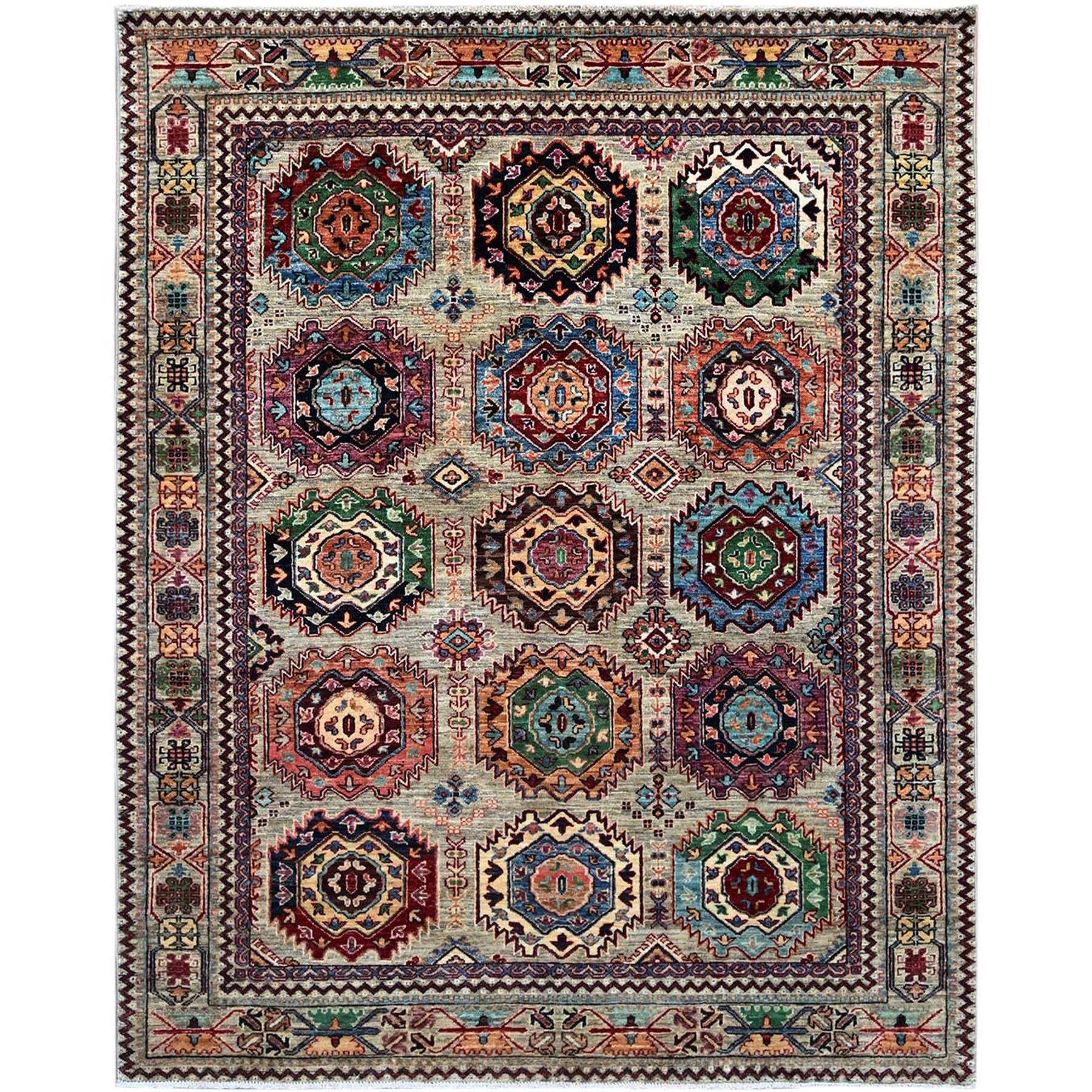 Pearl Gray, Afghan Denser Weave Super Kazak with Geometric Design Vibrant Wool, Hand Knotted Natural Dyes, Oriental Rug